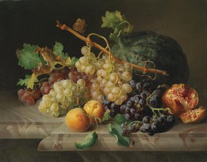 Naturaleza muerta con granada, uvas y melón de Josef Lauer